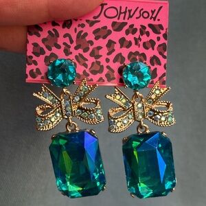 Betsey Johnson Blue Emerald Shape Gem + Pave Crystal Bows Gold Pierced Earrings